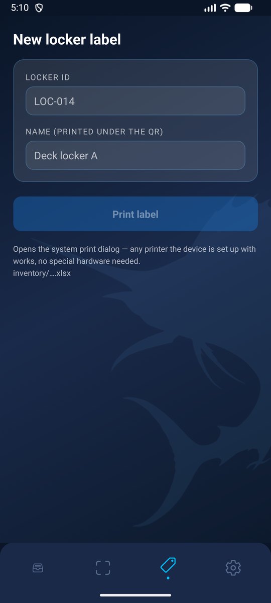 InventoryLens — generating a printable QR label for a locker
