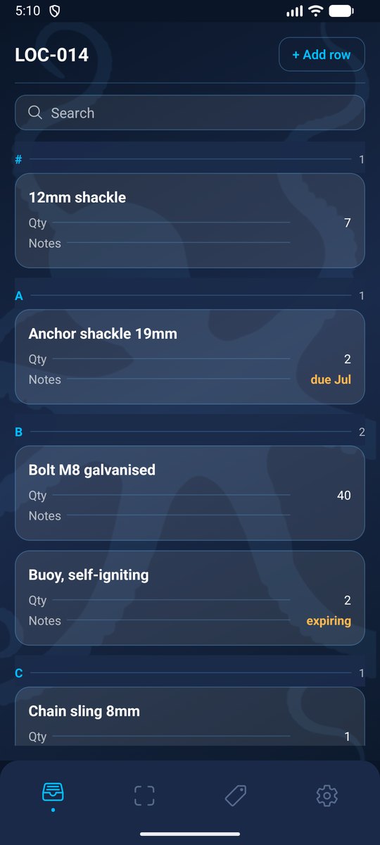 InventoryLens on Android — a locker's spreadsheet as editable cards, grouped alphabetically