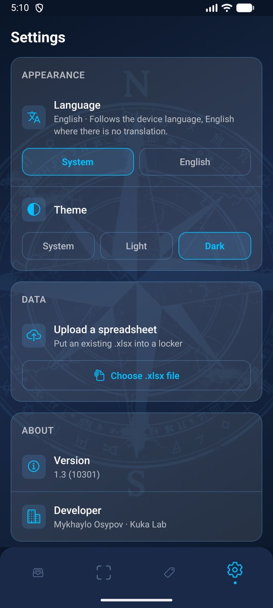 InventoryLens settings — language, theme and spreadsheet upload